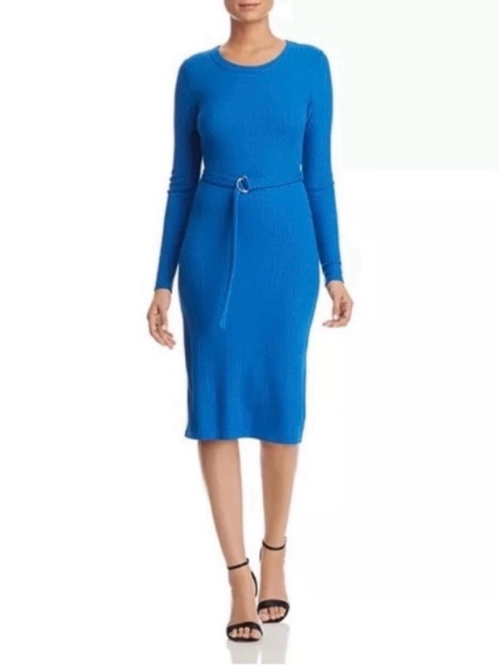 💙 MICHAEL Michael Kors Blue Long Sleeve Belted Rib-Knit Dress - Size Medium